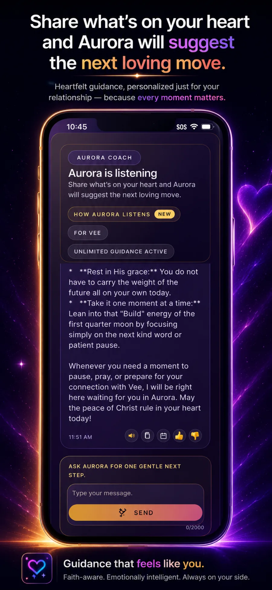 AI Coach — share what's on your heart, Aurora suggests the next loving move