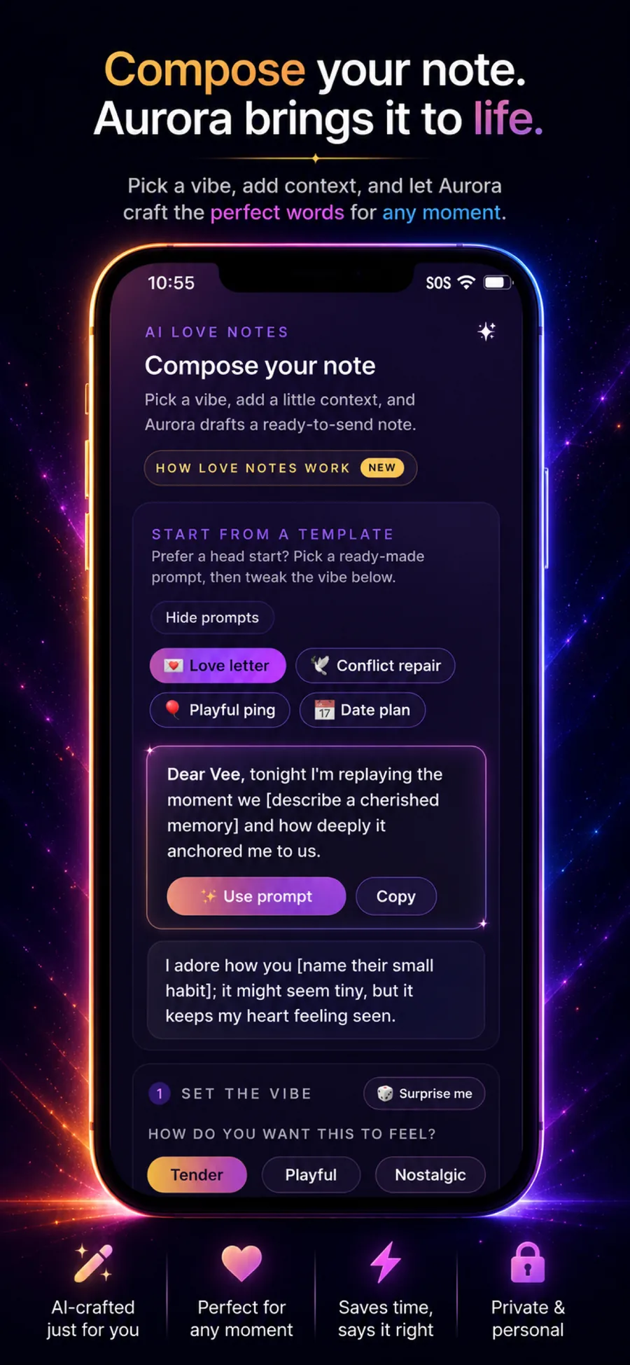 Love notes — pick a vibe, Aurora crafts the perfect words